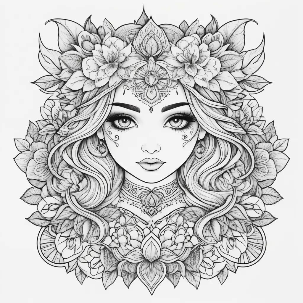 woman with a tattoo coloring page featuring flowers