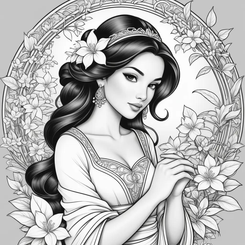 woman with a tiara and flower crown in a black and white coloring page