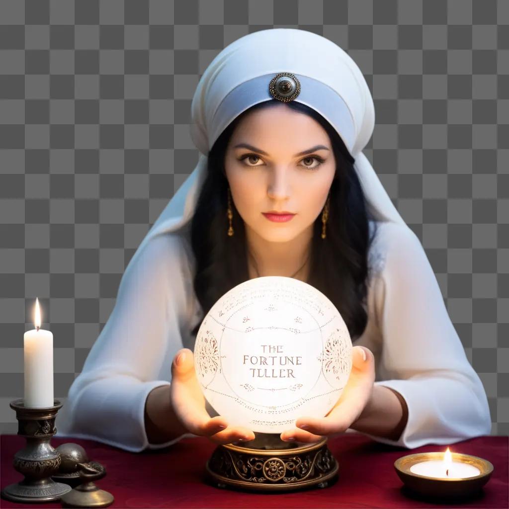 woman with a white headdress holds a fortune teller