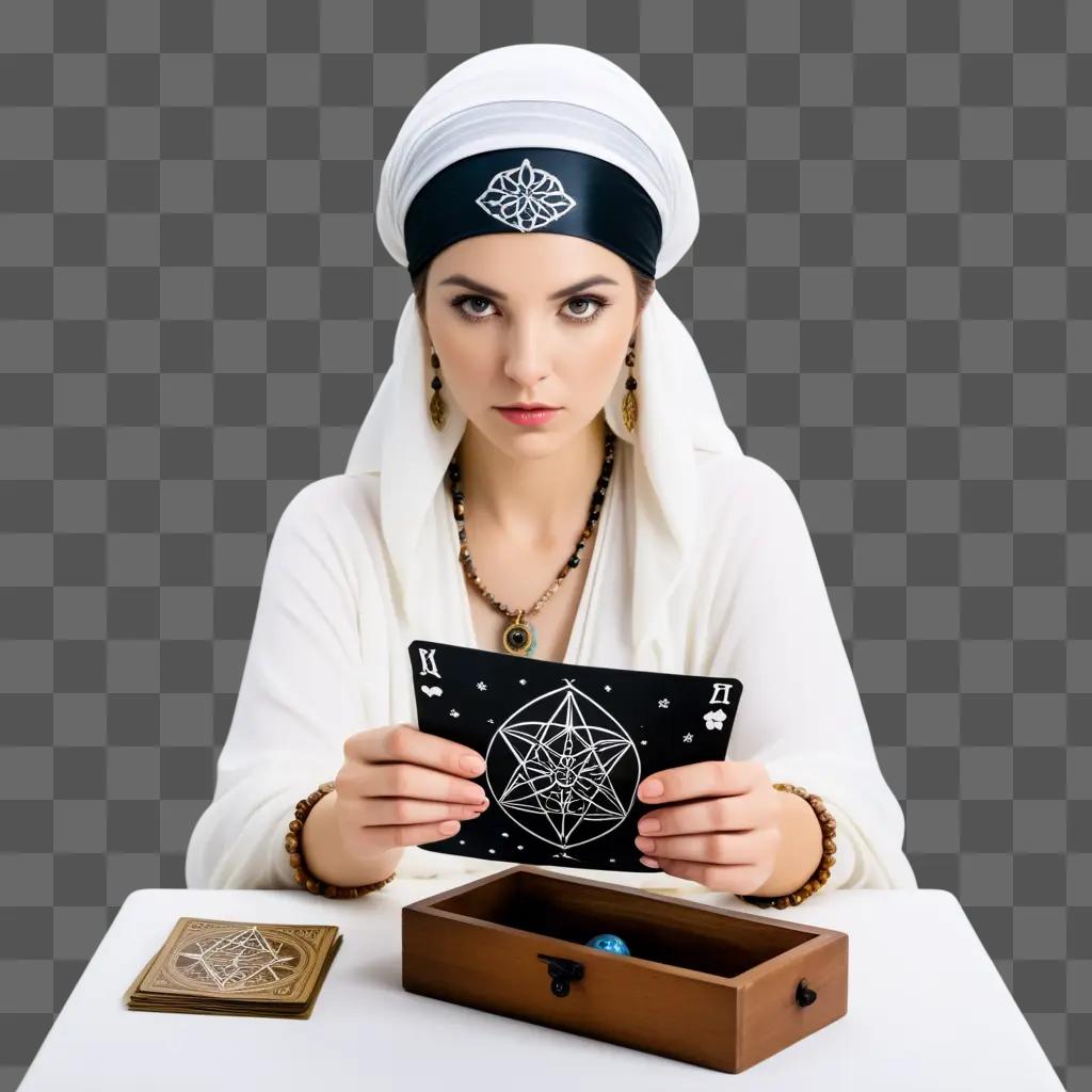 woman with a white headscarf and a tarot card reads the future