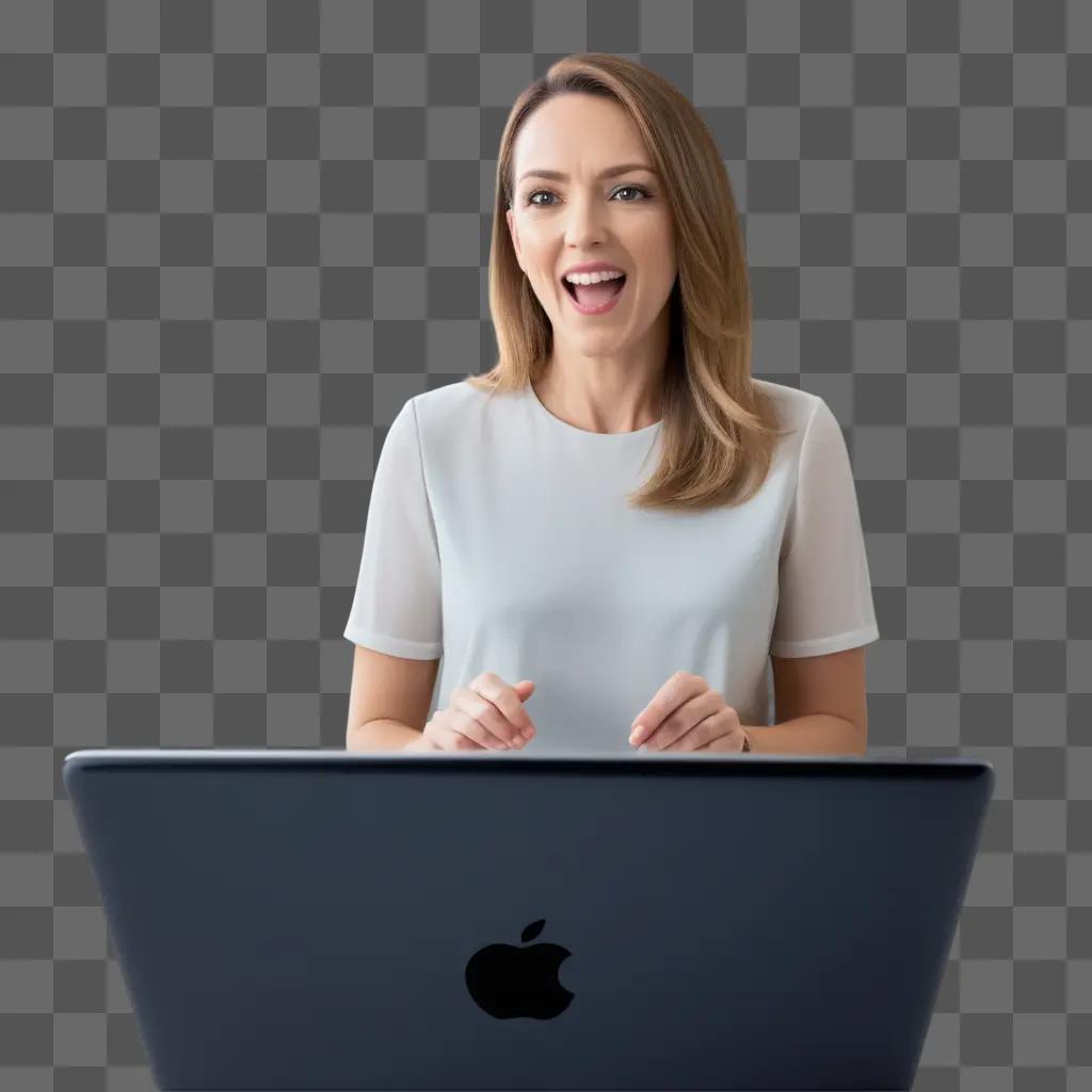 woman with a white shirt and black hair is smiling at a laptop screen