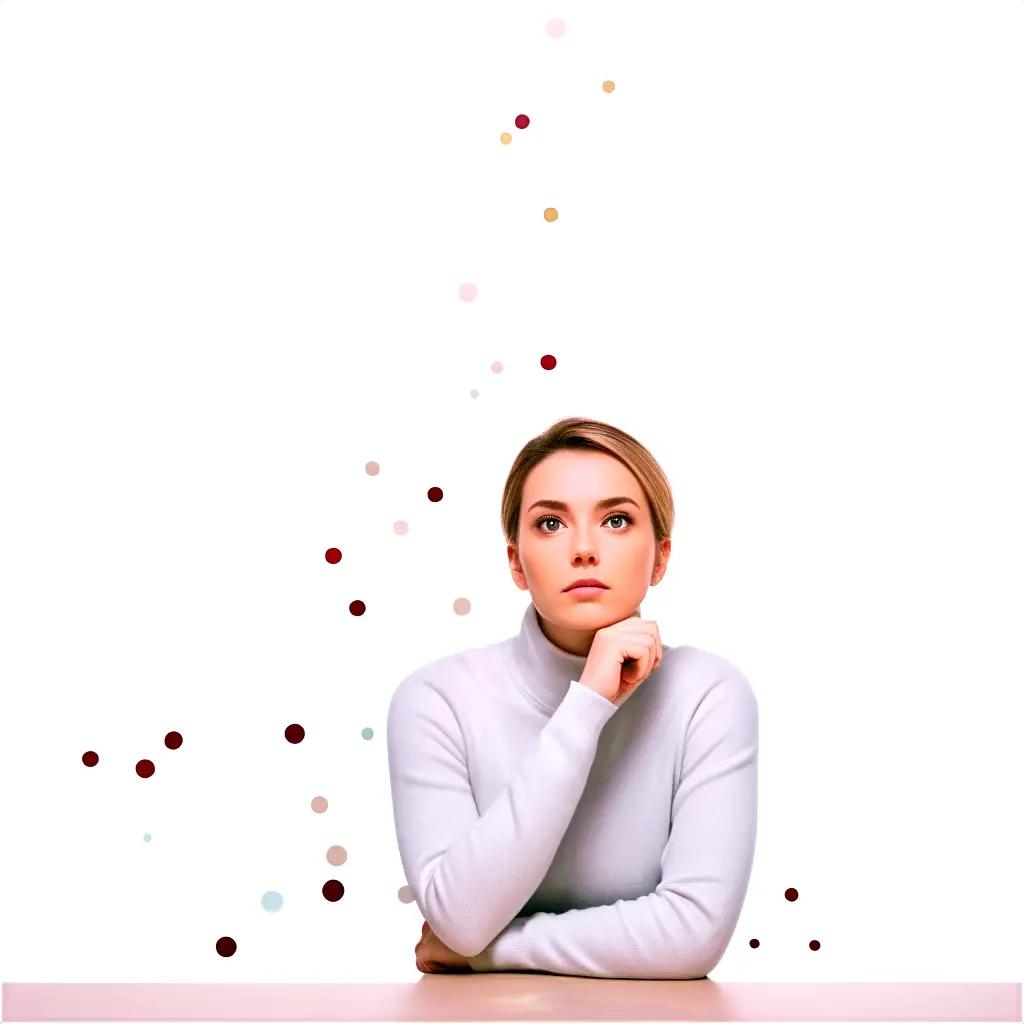 woman with a white sweater questions a white background with dots