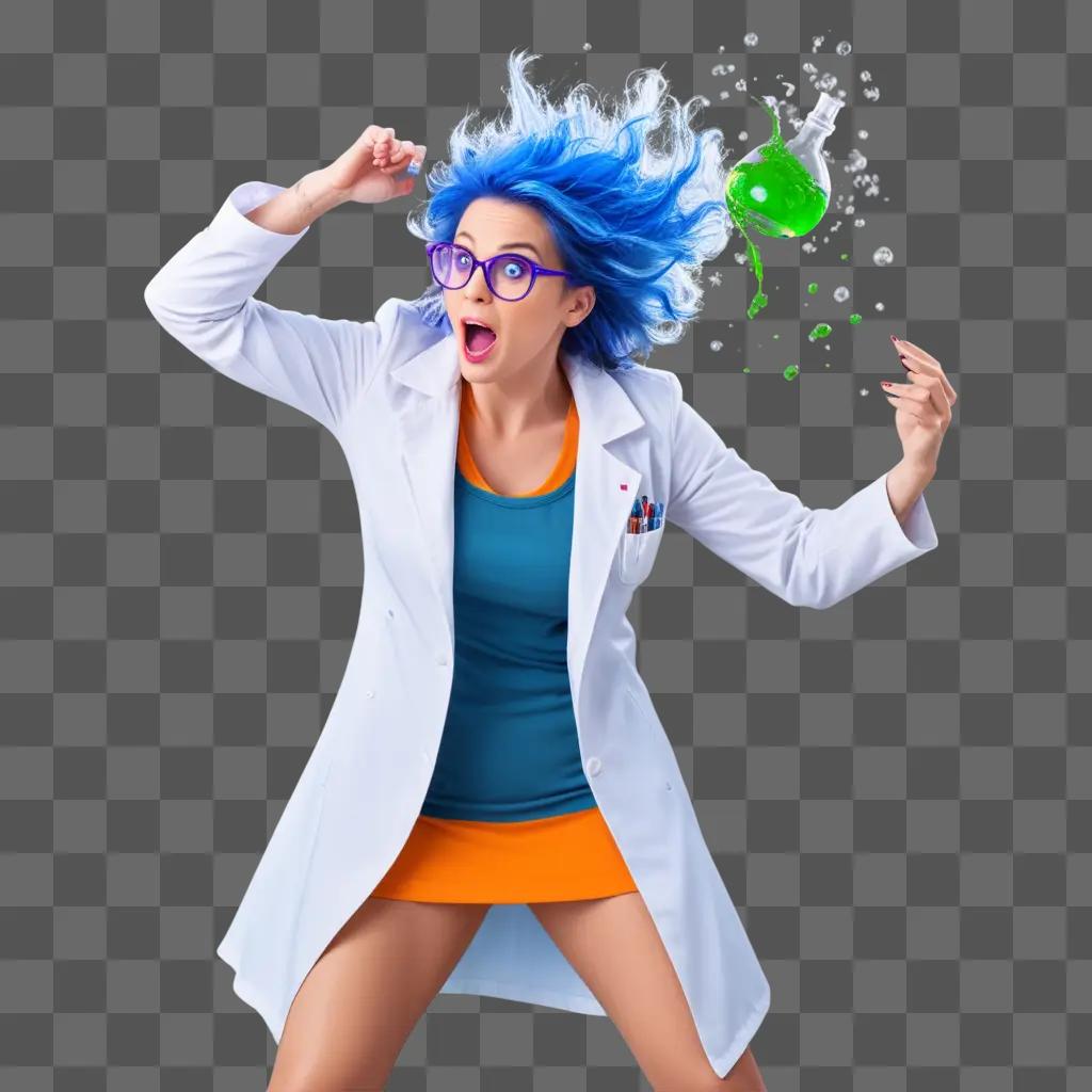 woman with blue hair is in a mad scientist outfit