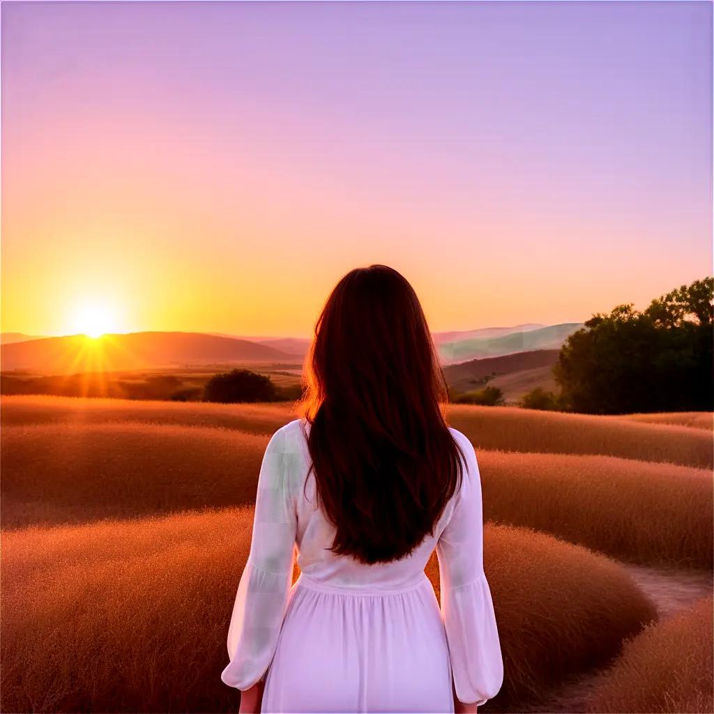 woman with brown hair stands in a field