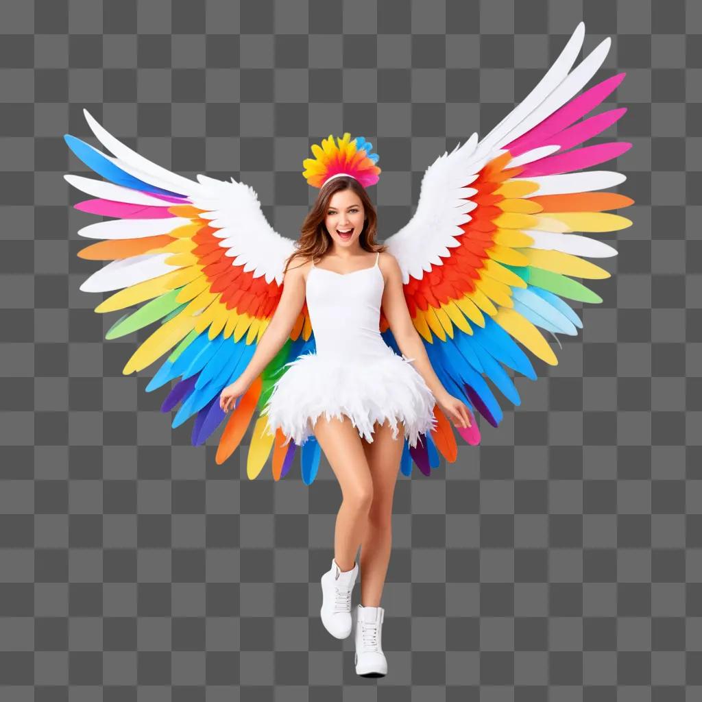 woman with cartoon wings poses in a white outfit