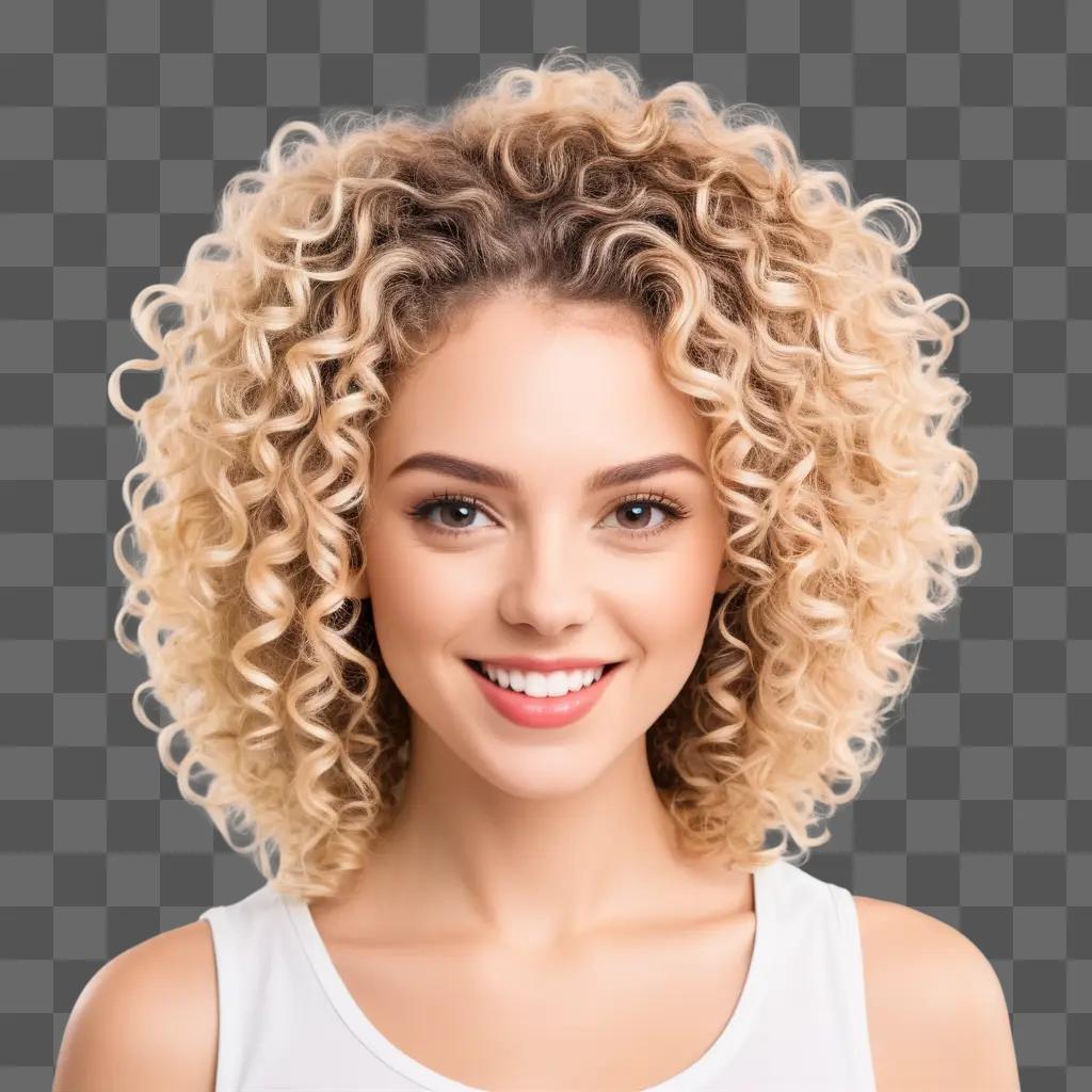 woman with curly hair smiles in a white tank top