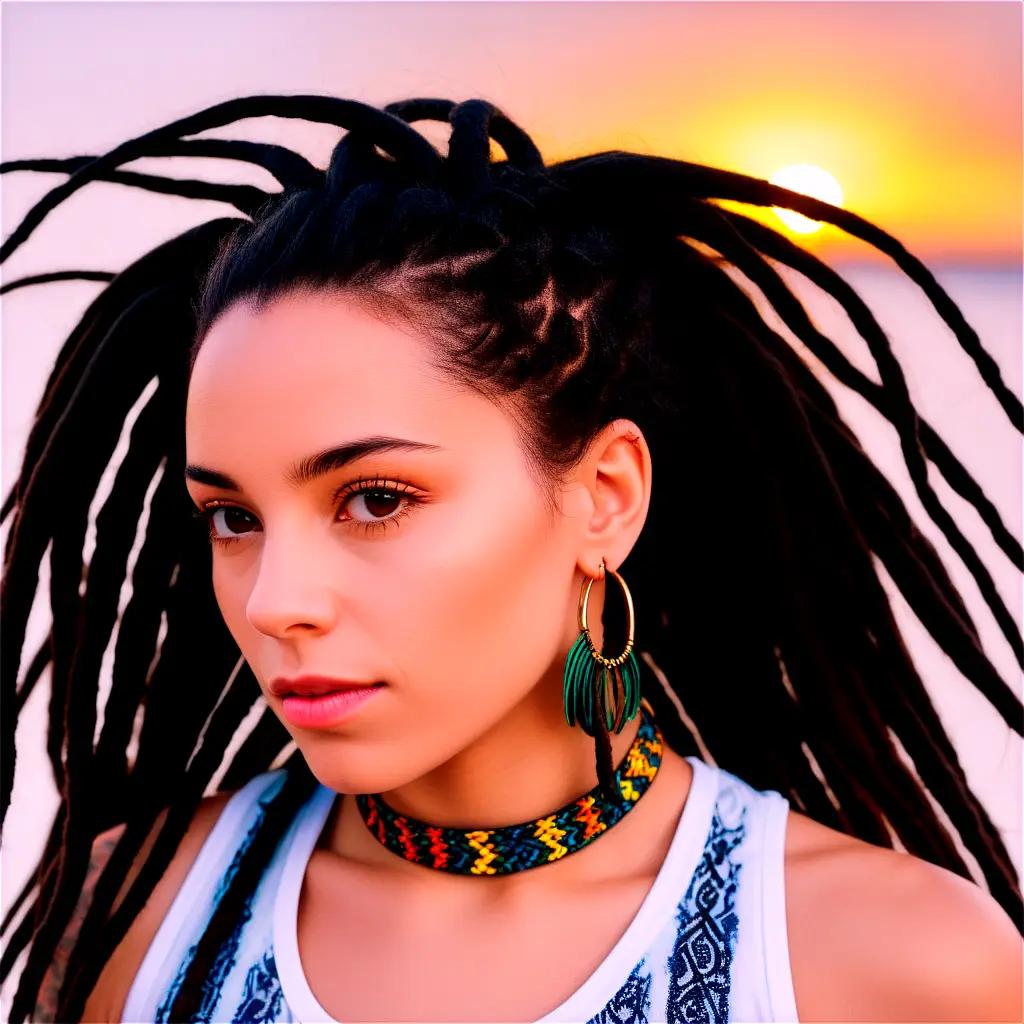 woman with dreadlocks wears a necklace and earrings