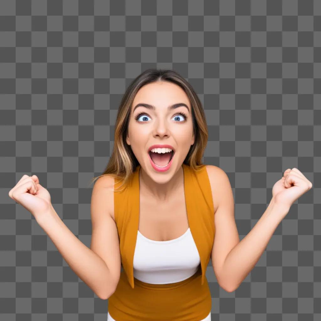 woman with excited eyes and raised arms