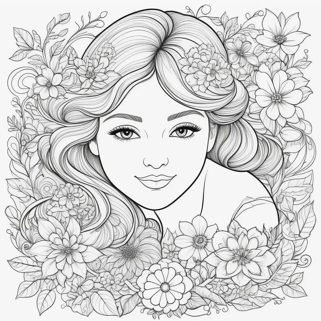 woman with flowers and leaves in a coloring page