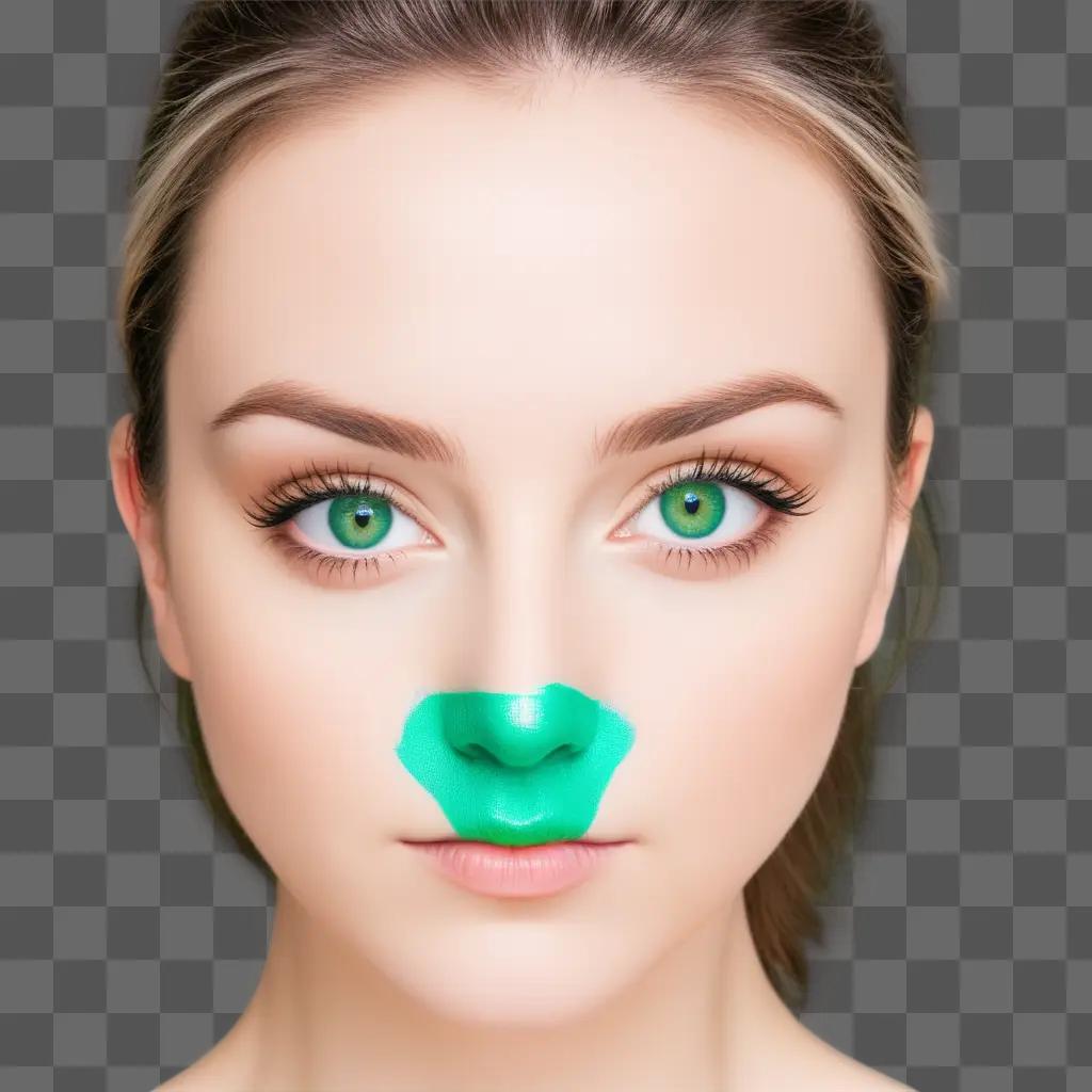 woman with green eyes and a green nose