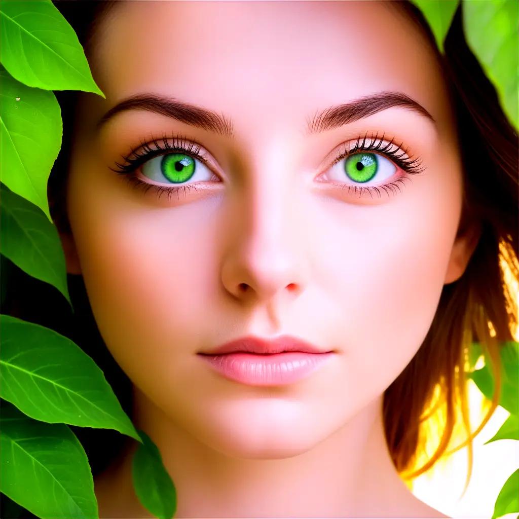 woman with green eyes stares into the camera