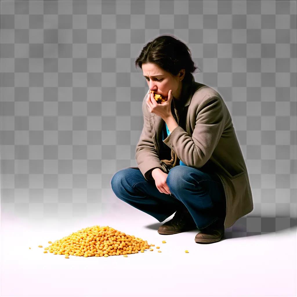 woman with hunger crouching over a pile of corn