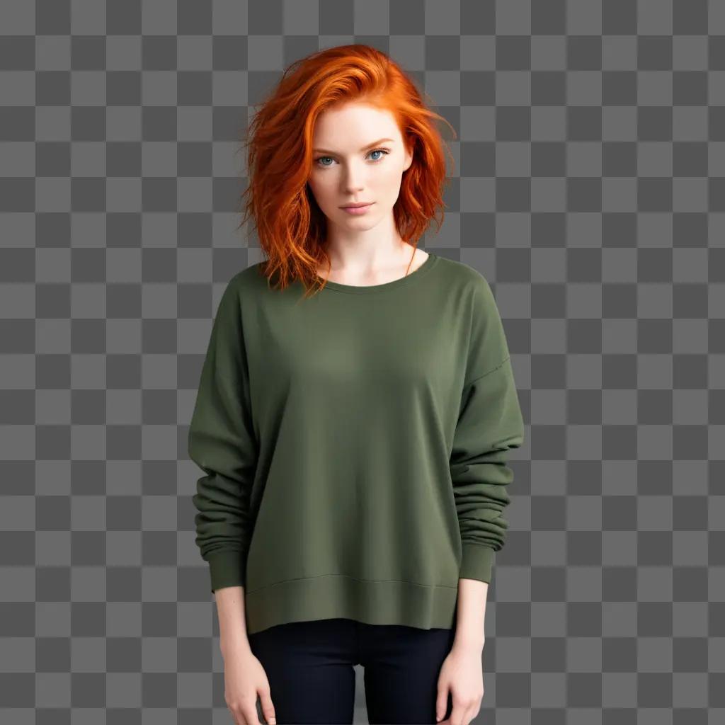 woman with orange hair posing in a green shirt