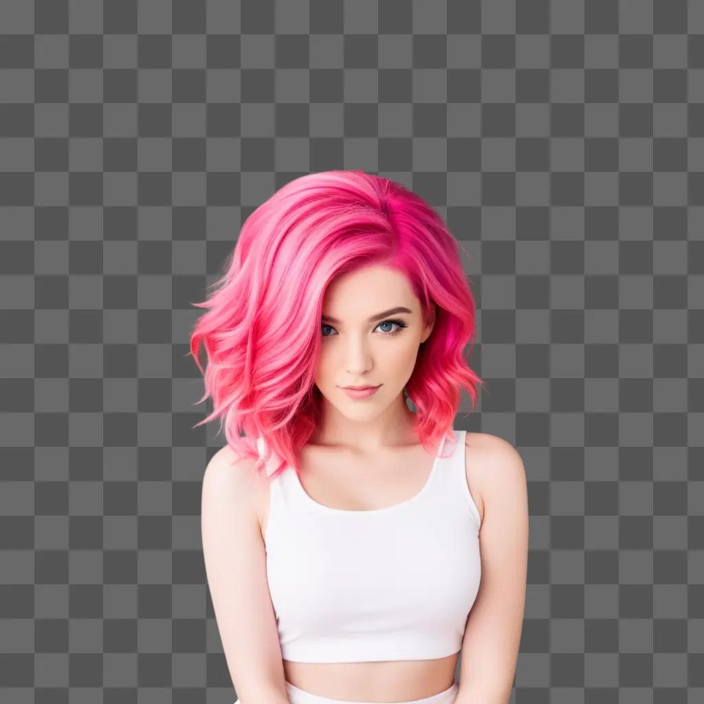 woman with pink hair poses in a pink background