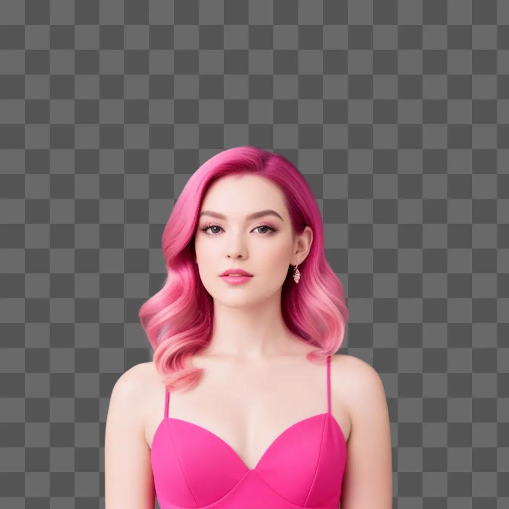 woman with pink hair stands in front of a pink background