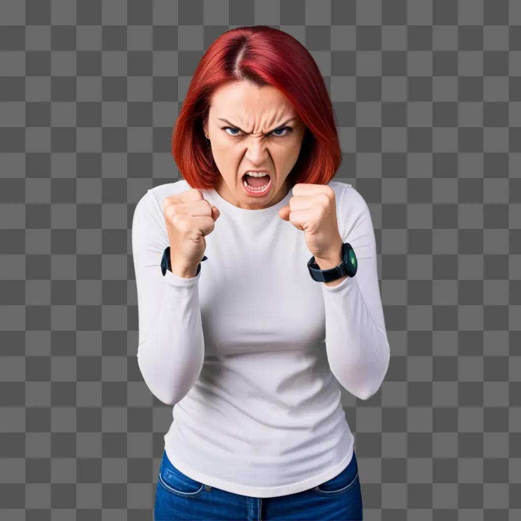 woman with red hair and a frown on her face