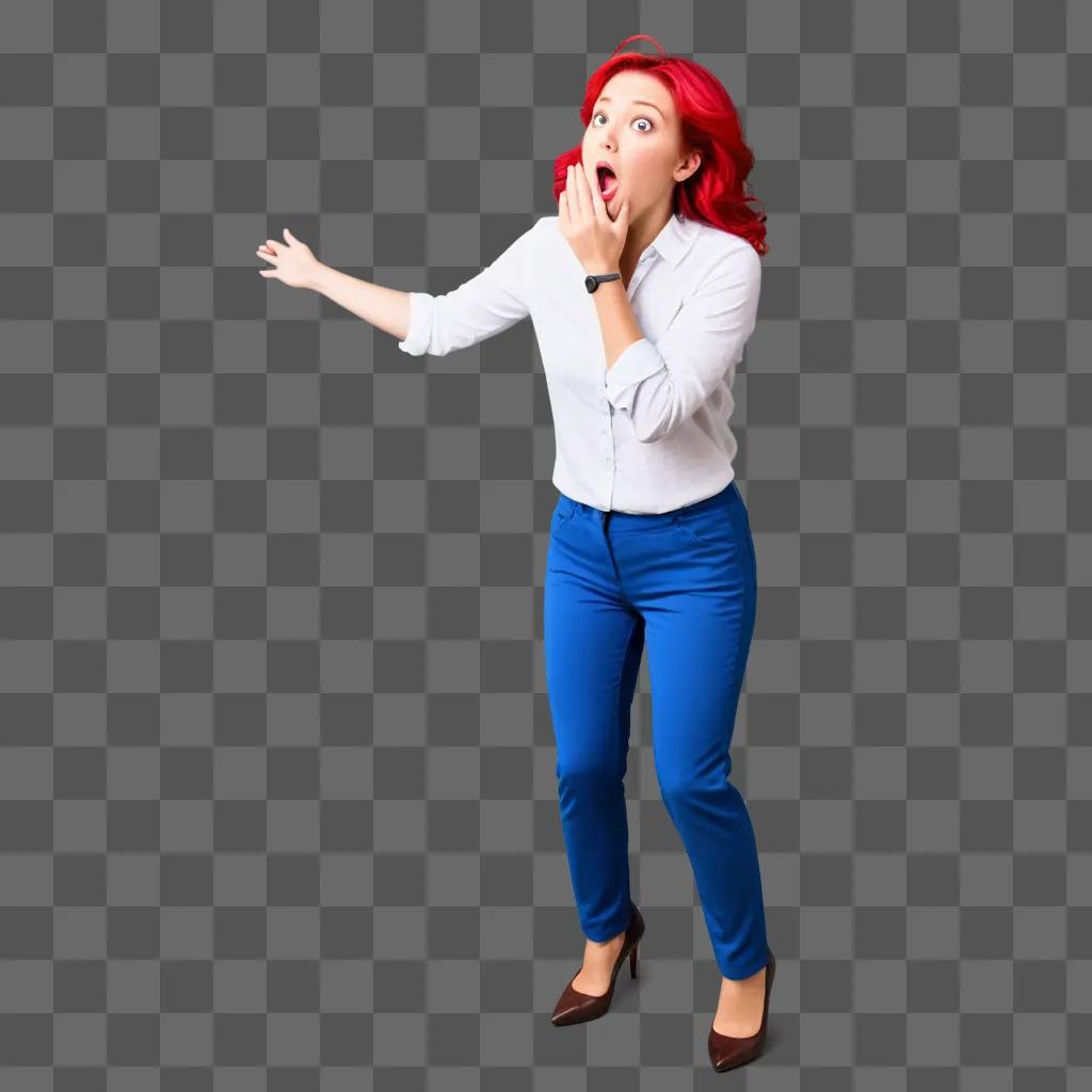 woman with red hair and blue jeans is shocked