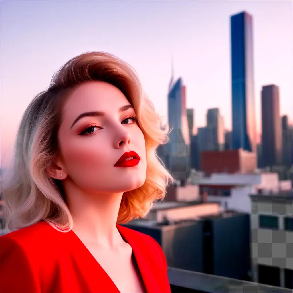 woman with red lipstick poses in front of a city skyline