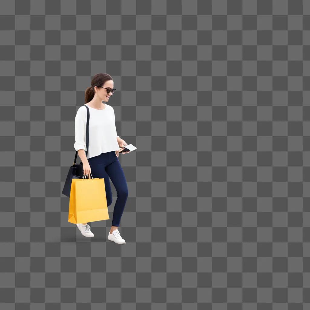 woman with shopping bags and a smartphone walking on a beige background