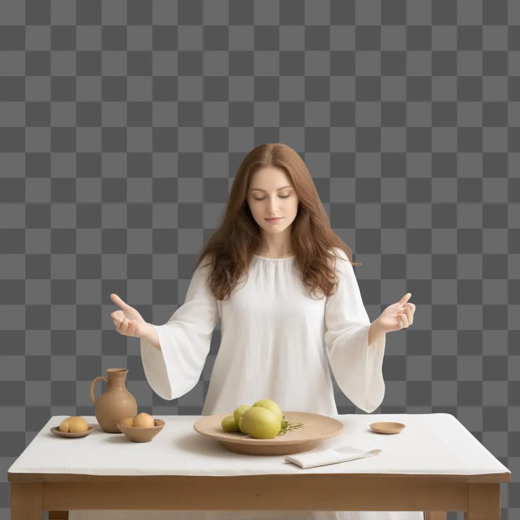 woman with soft features and a soft table setting