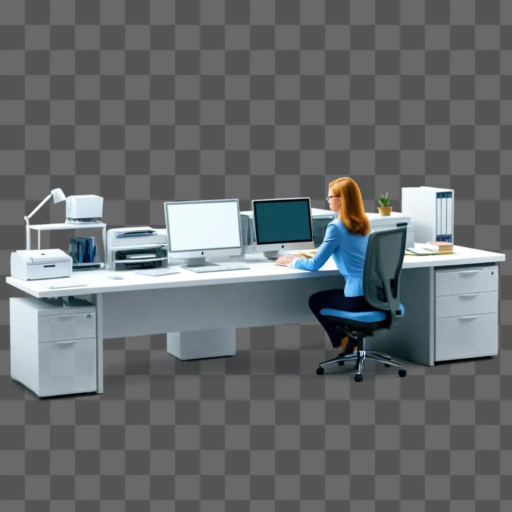 woman works at a desk with a computer and printer