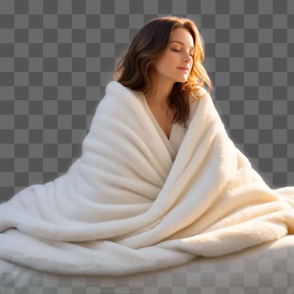 毛布にくるまれた女性が太陽の光を浴びて座っている