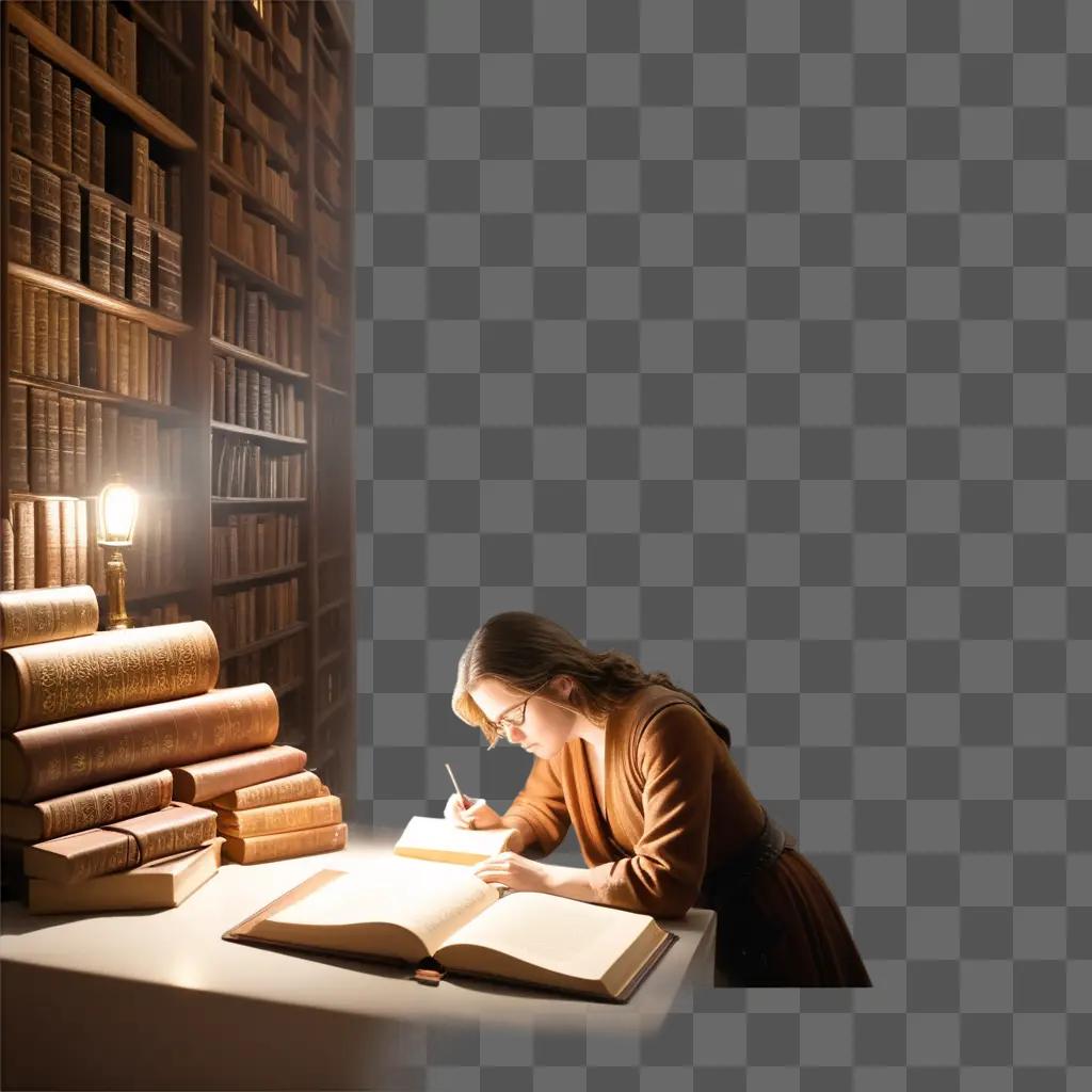 woman writes in a book in a library