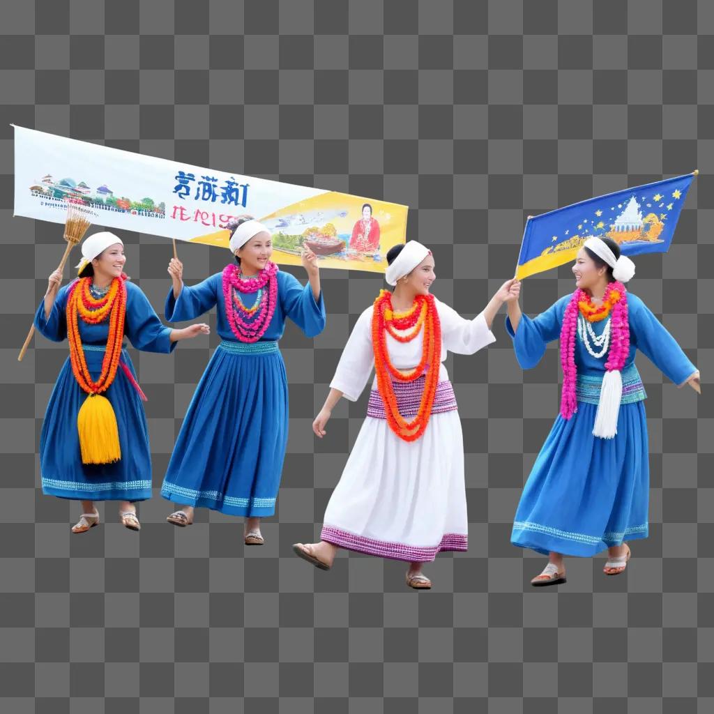 women in traditional dress, holding banners, parade