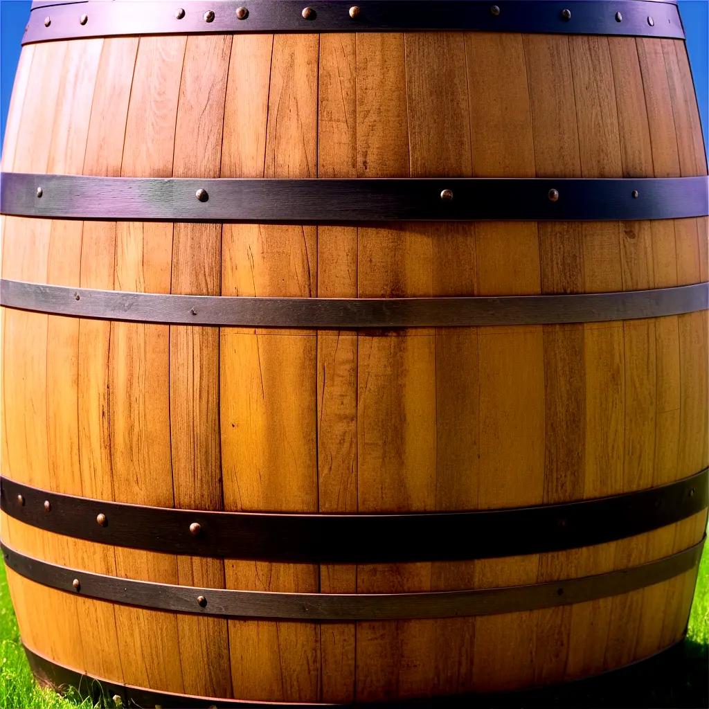 wooden barrel with rivets in grassy area