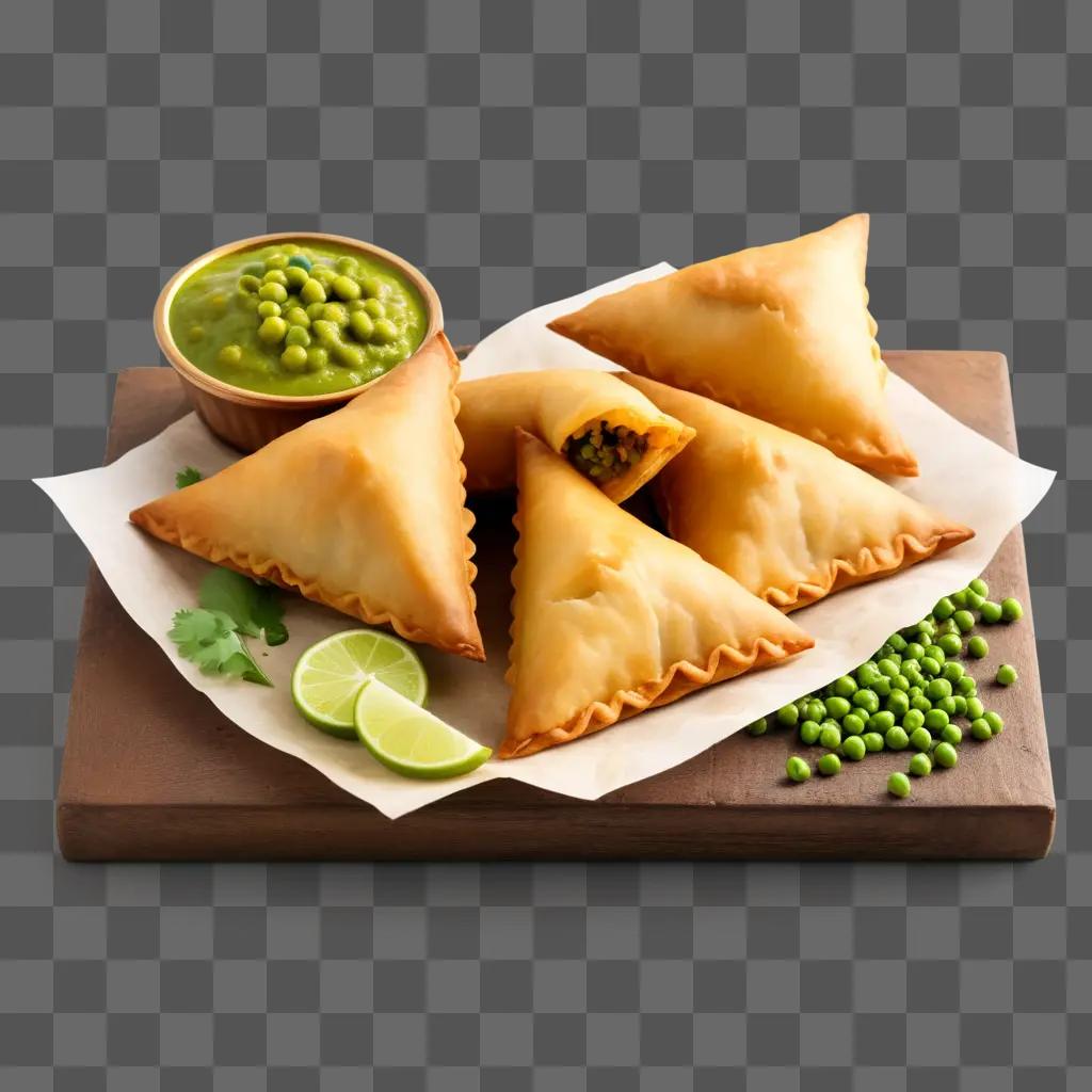 wooden board with five samosas and green dip