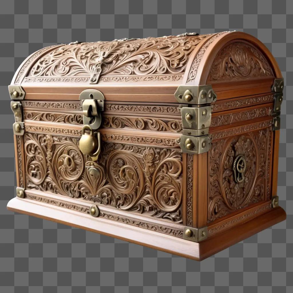 wooden chest with intricate designs and a brass latch