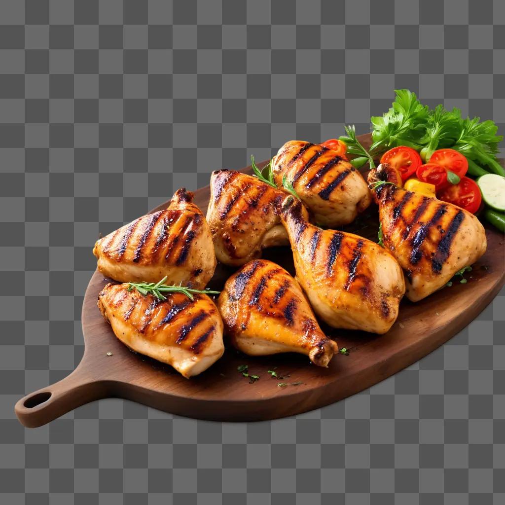 wooden chopping board holds grilled chicken with herbs