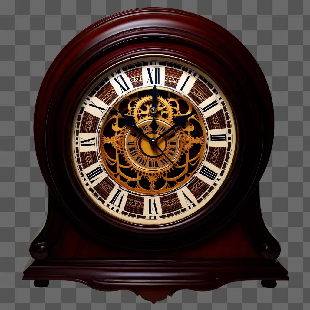 wooden clock with intricate gears and roman numerals