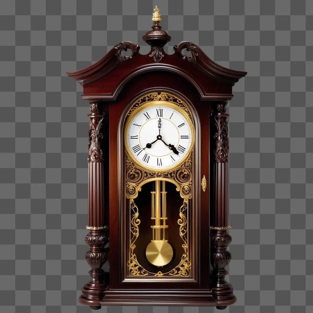 wooden clock with roman numerals and gold accents