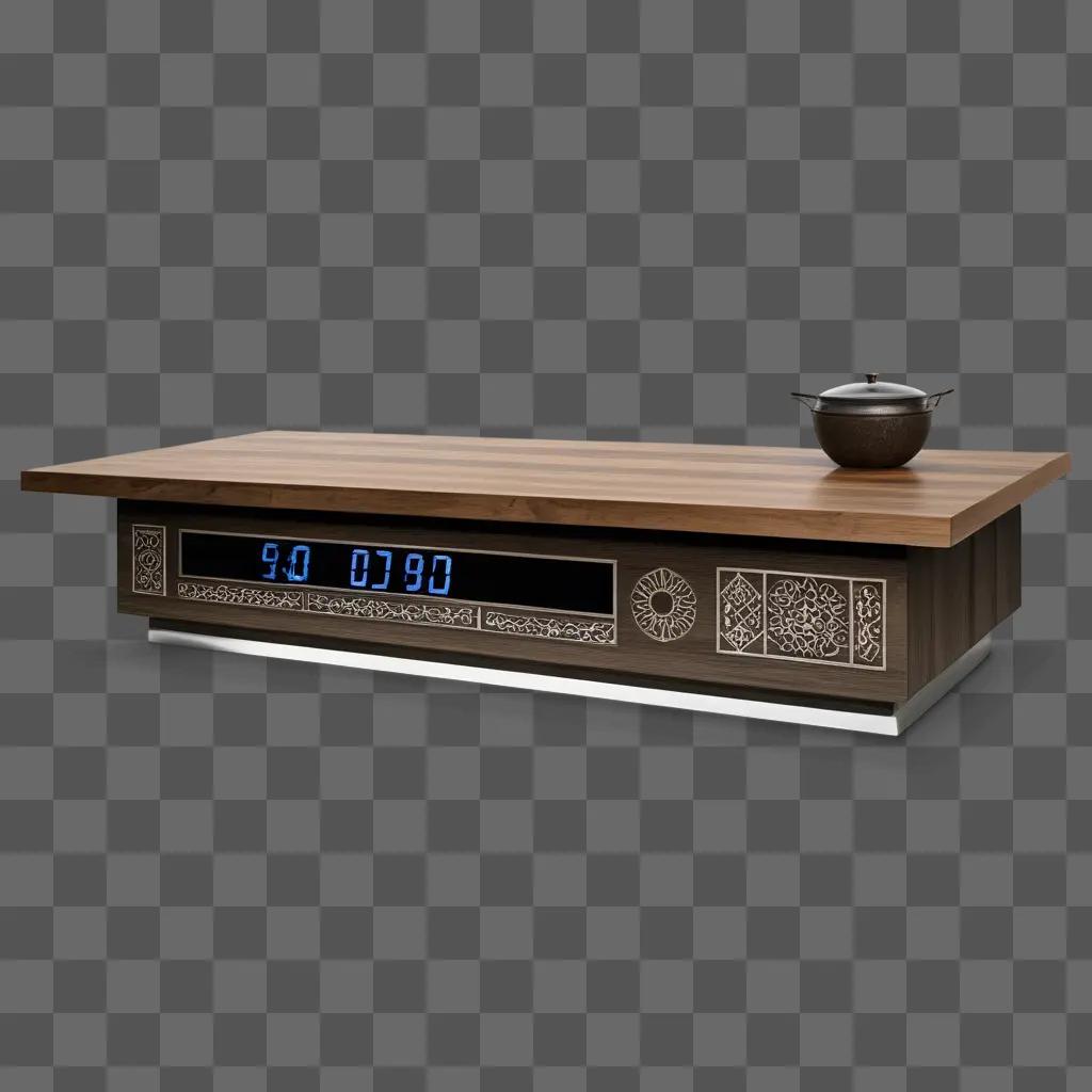 wooden counter with a digital clock and a pot on it