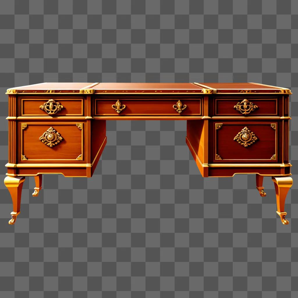 wooden desk with gold accents and drawers