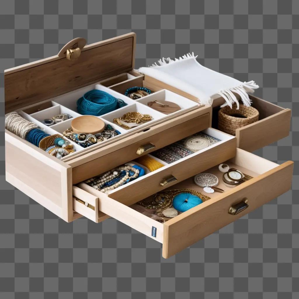 wooden drawer with many items inside