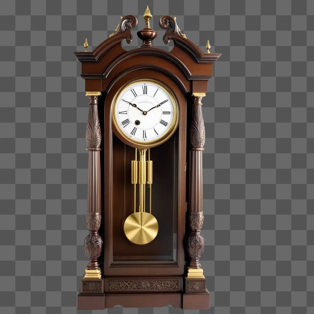 wooden grandfather clock with golden accents