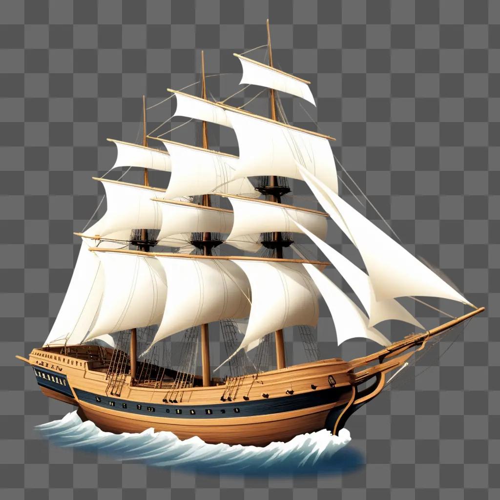 灰色の背景に白い帆を持つ木造船