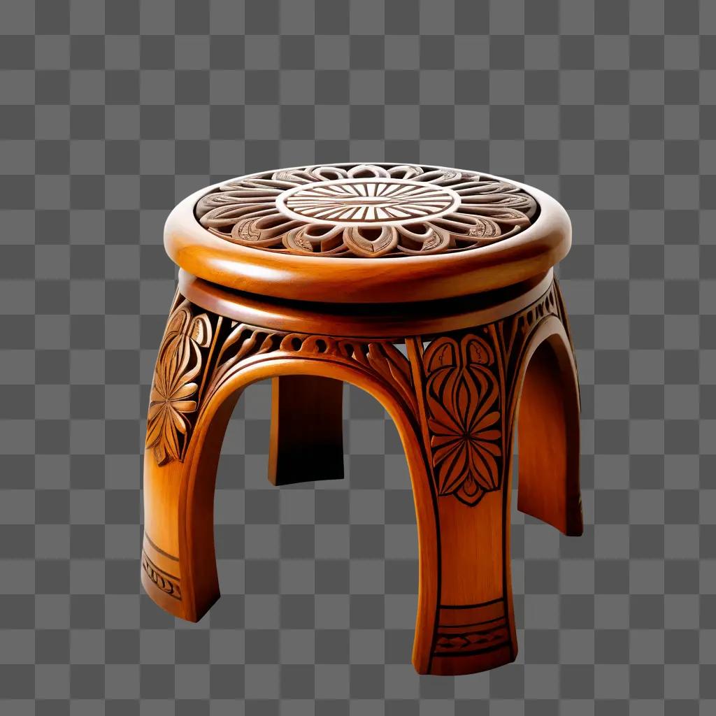 wooden stool with a carved flower design