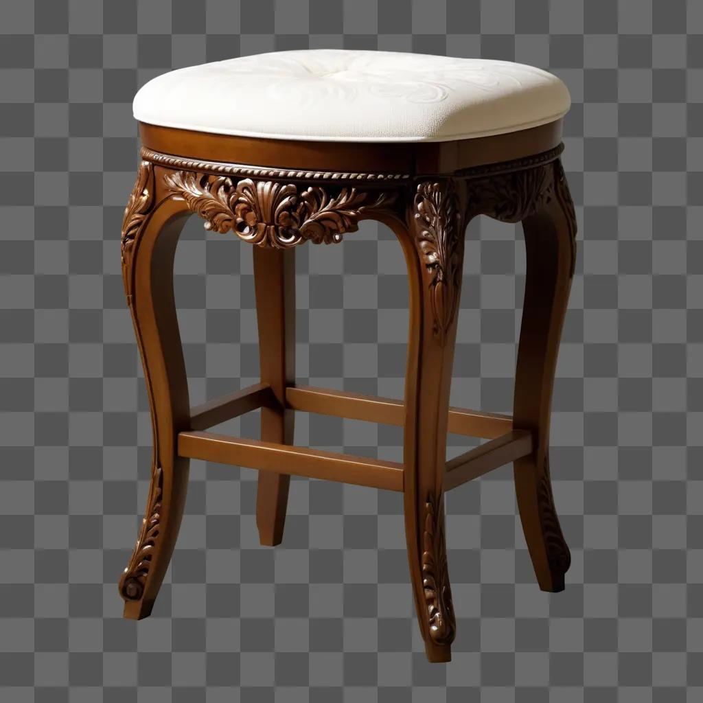 wooden stool with a white cushion and carved legs