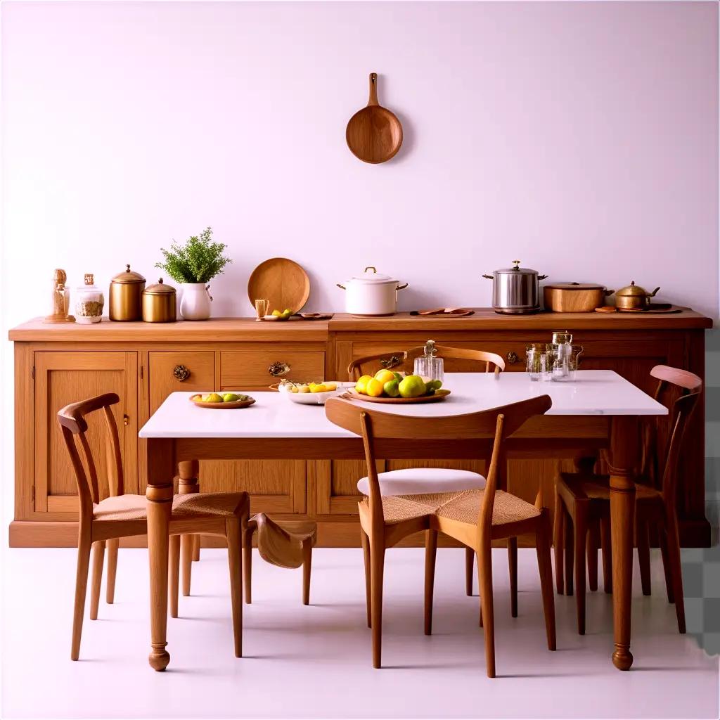 wooden table with chairs and cabinets in a white kitchen