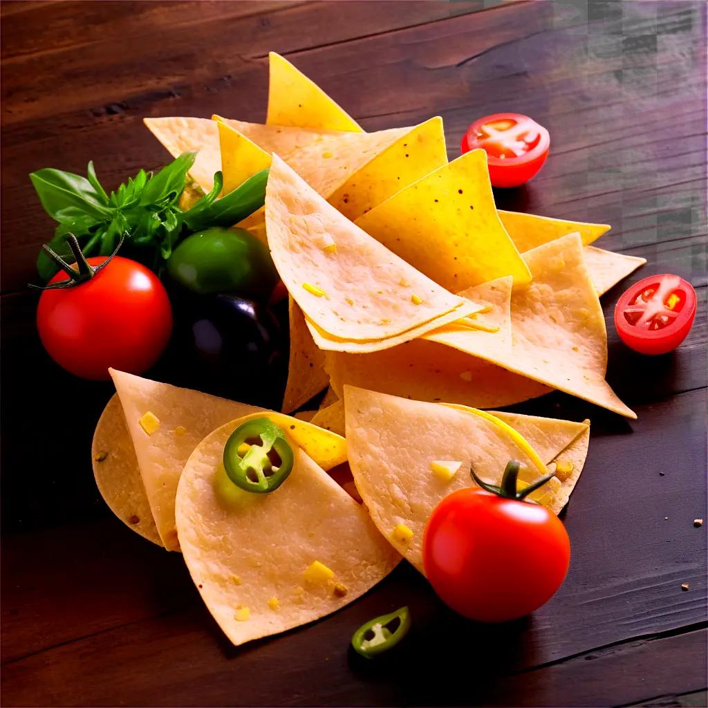 wooden table with tortilla chips and tomatoes