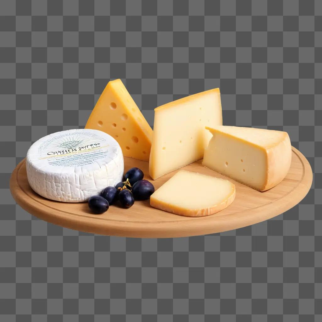 wooden tray with various cheeses and grapes