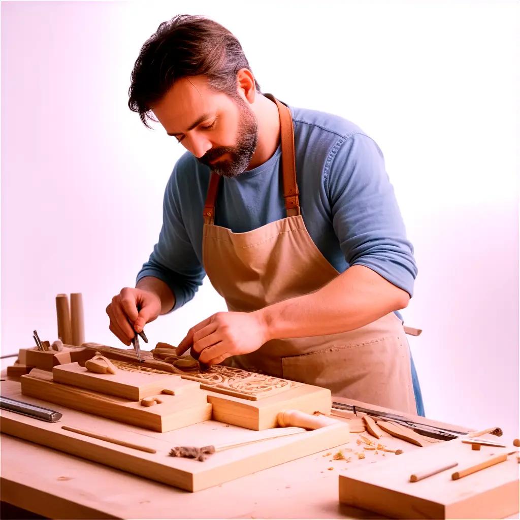 木工職人は、木製のテーブルの上に複雑なデザインを作ります