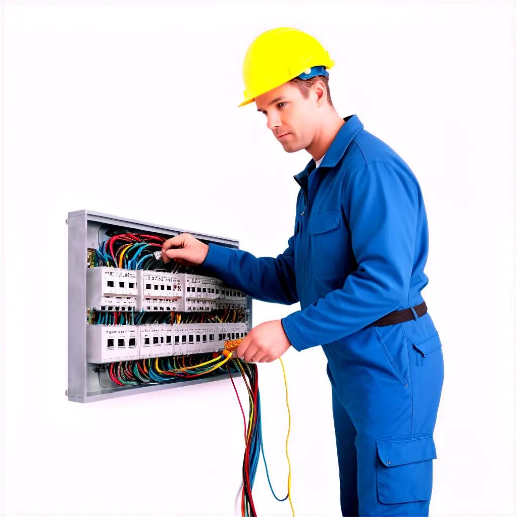 worker with a hard hat and blue suit checks an electrical panel