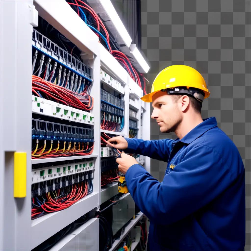 worker with a yellow helmet looks at wires