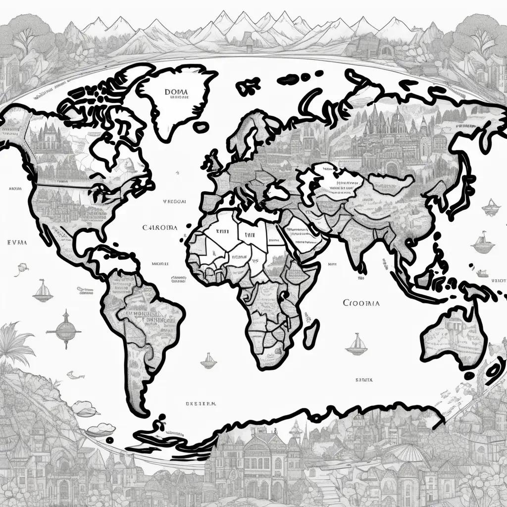 world map coloring page with cities and countries