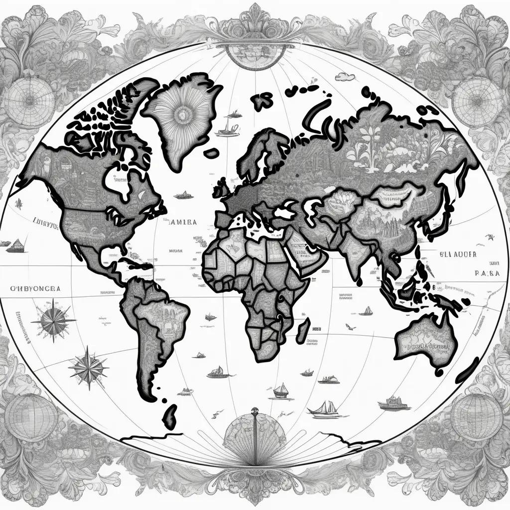 world map coloring page with various countries