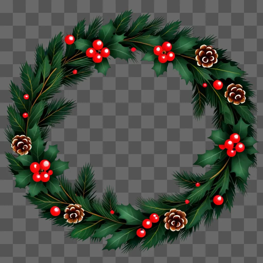 wreath of red berries and pine cones on a dark background